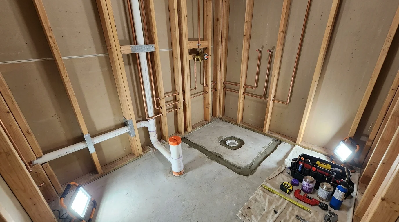 Bathroom rough-in plumbing during remodel by Johns Plumbing LLC in Kewaskum