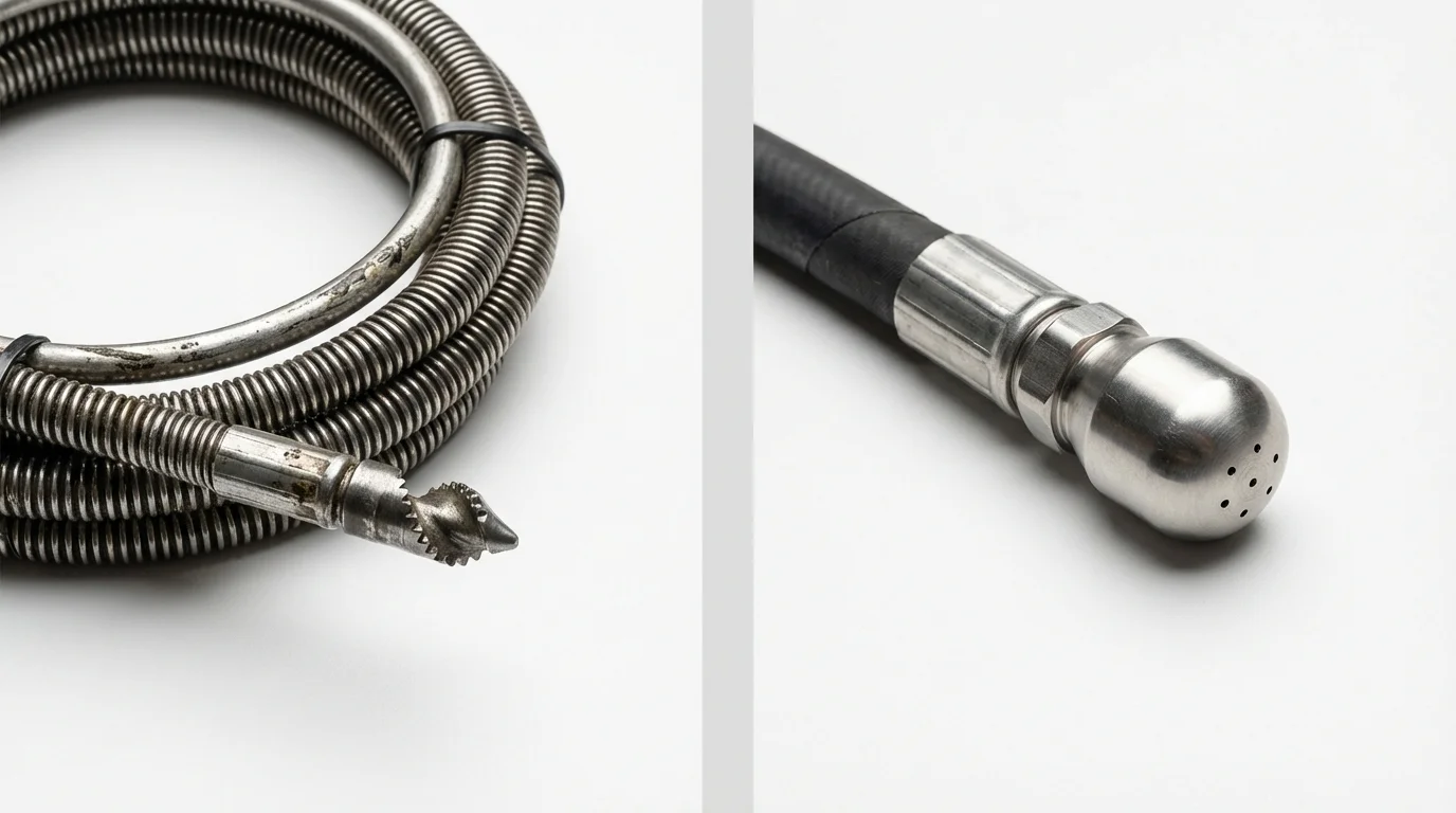 Drain snake cable and hydro jetting nozzle used for drain cleaning in Kewaskum, WI