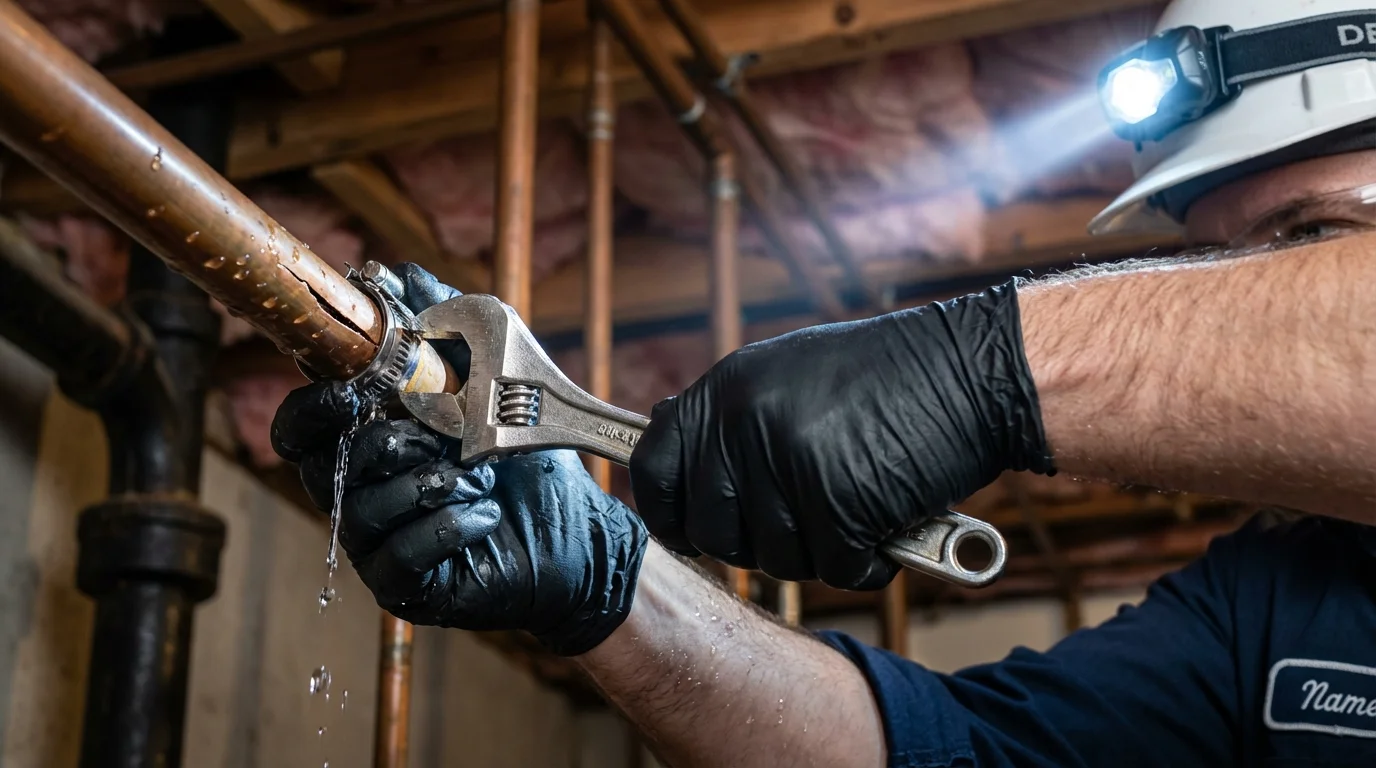 Emergency pipe clamp repair being performed by a Johns Plumbing LLC plumber in Kewaskum
