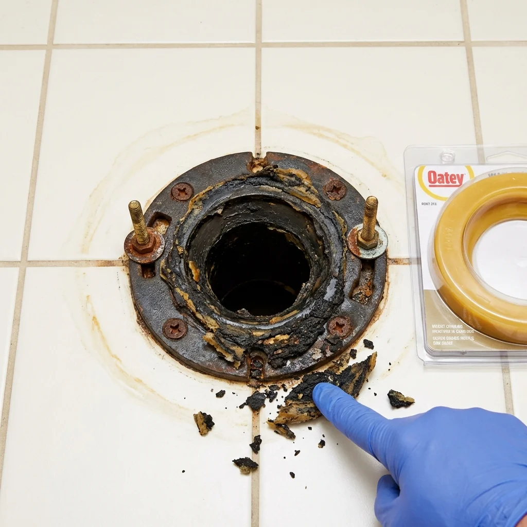 Failed wax ring showing water seepage at the base of a toilet in a Kewaskum, WI home