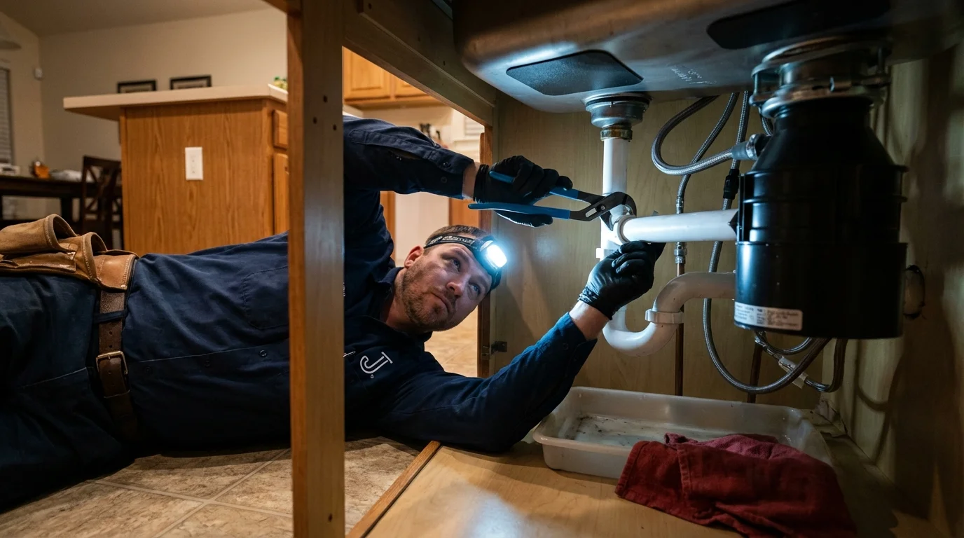 P-trap and supply line connections under a kitchen sink showing a common leak point in Kewaskum, WI